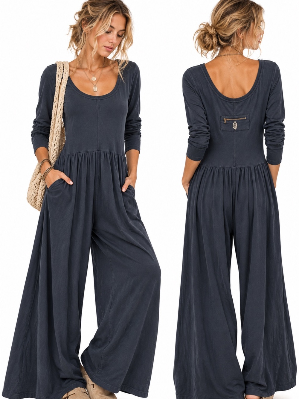 Free People Movement Dark Navy Long Sleeve Jumpsuit Romper Boho Utility